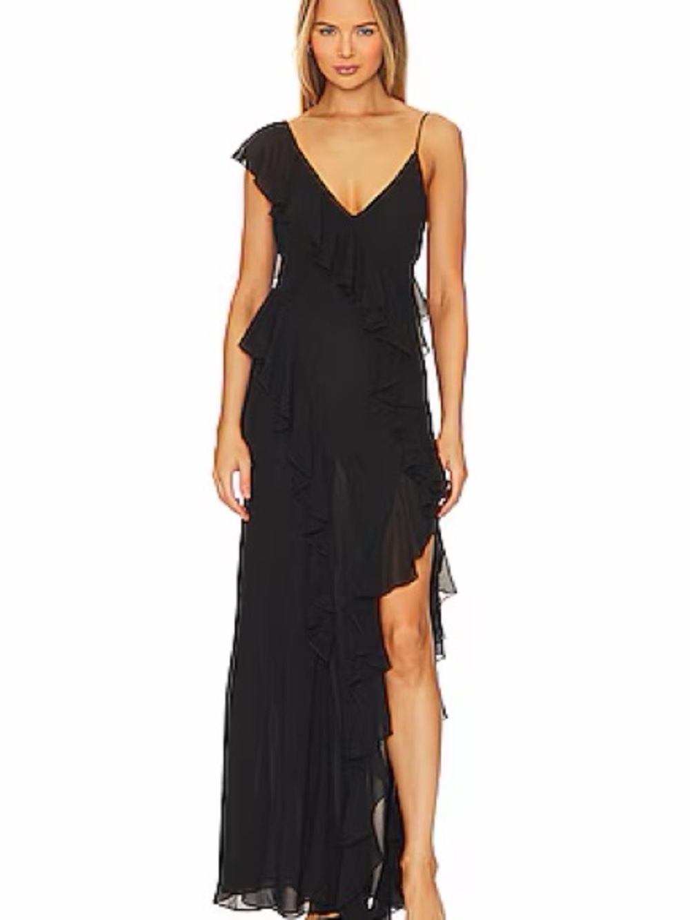 Ronny Kobo Collection Olivialle Black Asymmetric Ruffle Maxi Dress